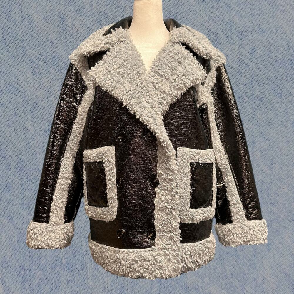 Nasty Gal Women’s Black Vinyl Double-Breasted Borg Jacket – Sz: 4